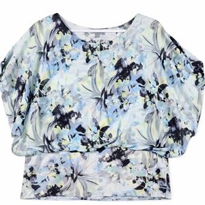 Joseph A. Womens XL Floral Blouse Blue Green Batwing Sleeve Sheer Overlay Top